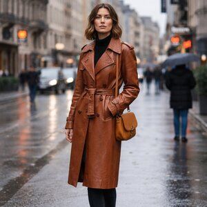 Vintage 70’s Women’s Brown Leather Trench Coat – Size L/XL – Montreal Made